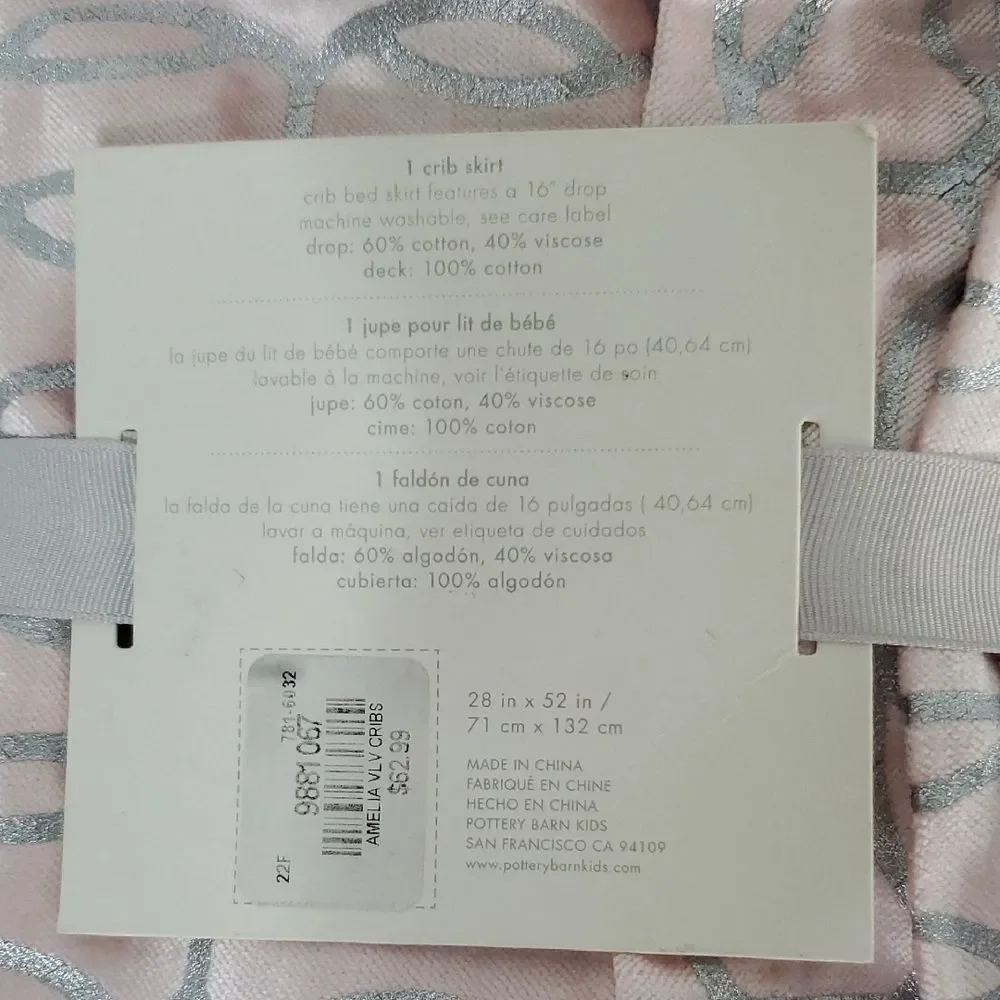 Pottery Barn Baby Amelia Pink and Silver Velvet Crib Skirt NWT